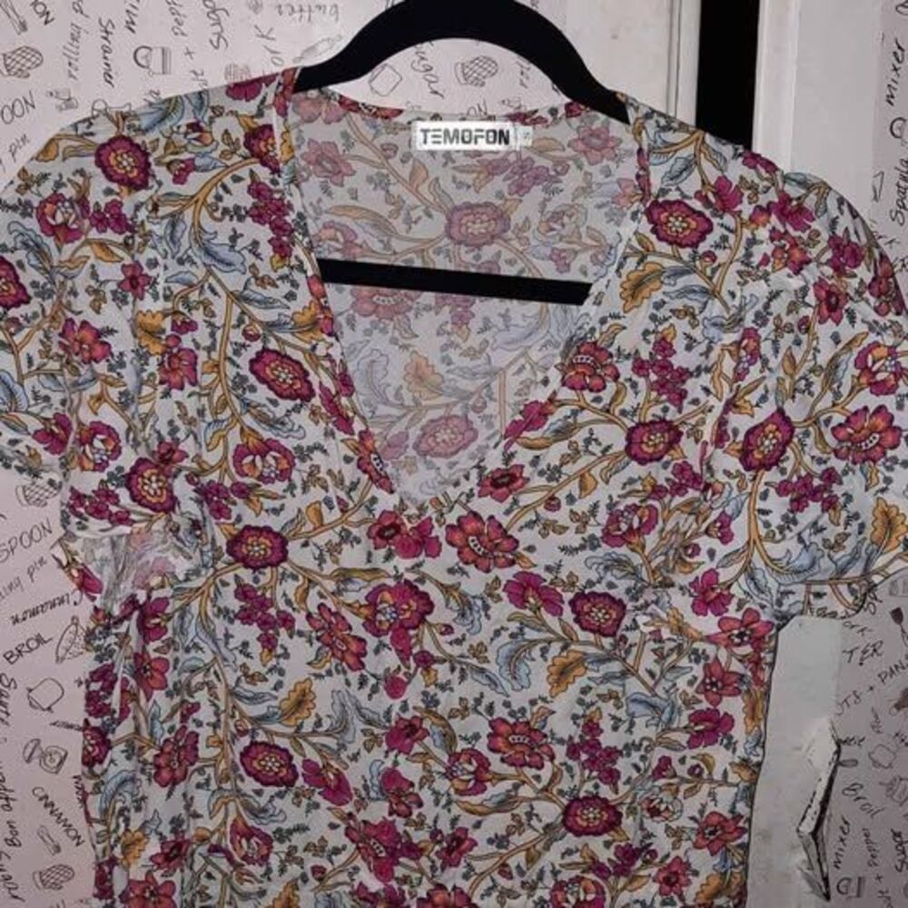 Boho Look Floral Contrast Border V Neck Midi Dress Size S - Picture 3 of 5